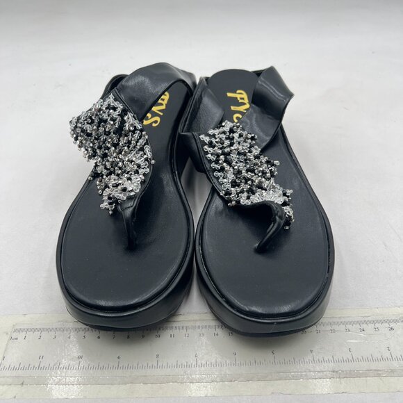 FYS Black Toe Post Slide Sandals Platform Flip Flops Beaded Thong Strap Mules - Picture 3 of 8